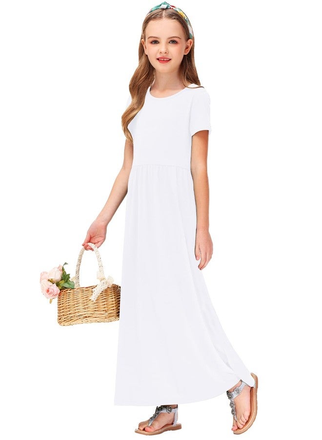 Deerose Girl's White Maxi Dresses Plain Solid Color Swing Pleated Spring Dress 9-10 Years - Image 5